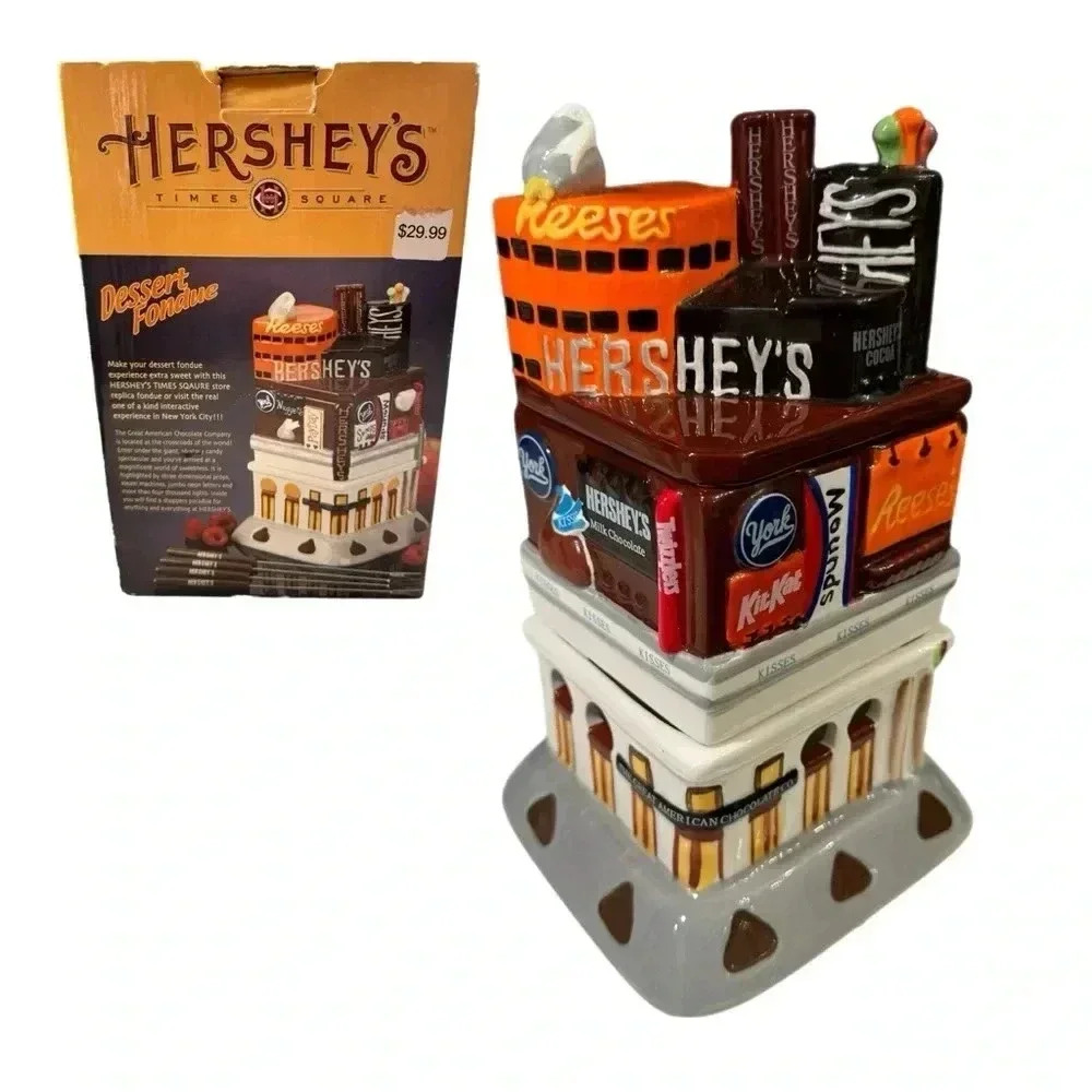 Hershey’s Times Square Ceramic Fondue Dessert Tea Light Heating 3 Piece NWB